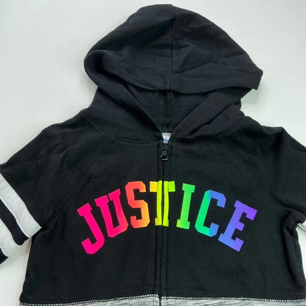 Justice Black Rainbow Logo Zip Up Hoodie Kids Size 6/7 Colorblock Varsity